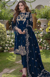 Azure - 3PC Velvet Heavy Embroidered Shirt With Velvet Heavy Embroidered Shawl - HZG1303